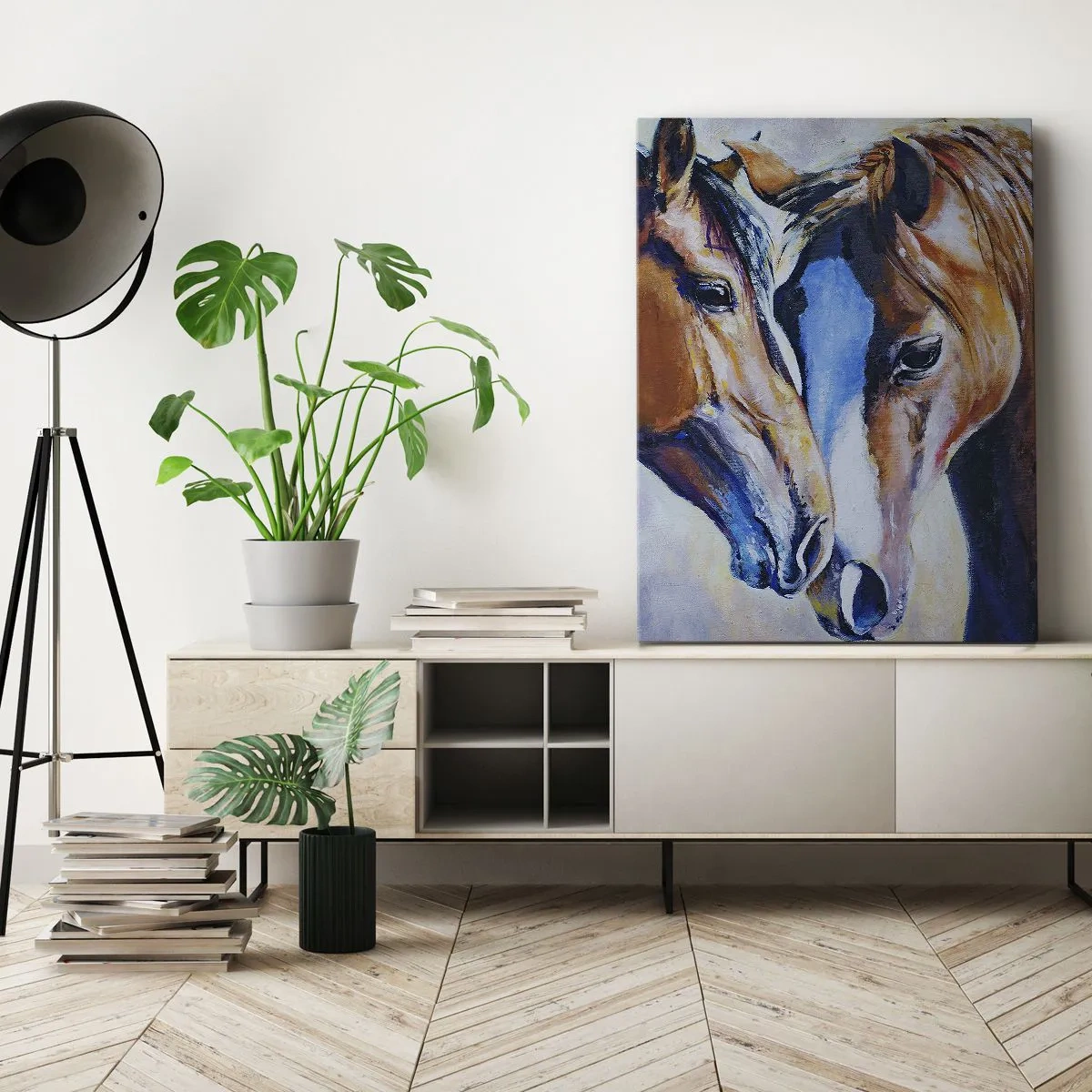 Quadro su tela - Stampe su Tela - Rappresentazione pittorica di due cavalli in un ambiente amichevole. - 50x70cm - Sarà amicizia o amore? - Decorazione murale moderna per soggiorno e camera da letto ARTTOR