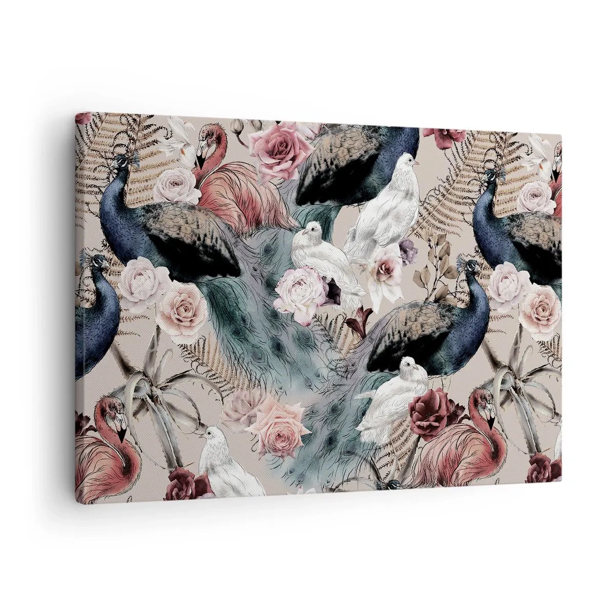 Quadro su tela - Stampe su Tela - Un paesaggio con piume di pavone, rose e uccelli in stile romantico. - 70x50cm - Nel giardino del palazzo - Decorazione murale moderna per soggiorno e camera da letto ARTTOR
