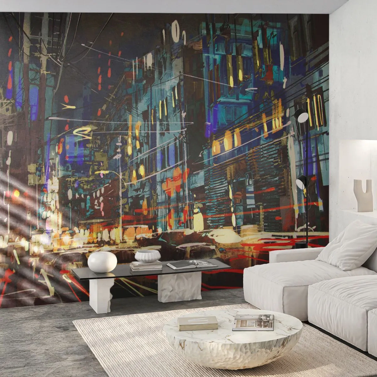 Fotomurali Premium Canvas - Scena notturna della città con luci al neon - 100x70cm - Frastuono serale della strada - Decorazione murale moderna per soggiorno e camera da letto ARTTOR