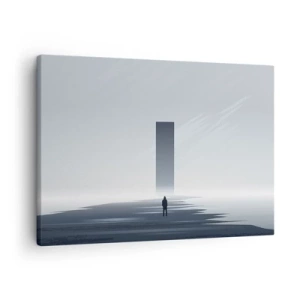 Quadro su tela - Stampe su Tela - Un paesaggio minimalista con una silhouette accanto a un monolite rettangolare - 70x50cm - Opportunità o minaccia? - Decorazione murale moderna per soggiorno e camera da letto ARTTOR