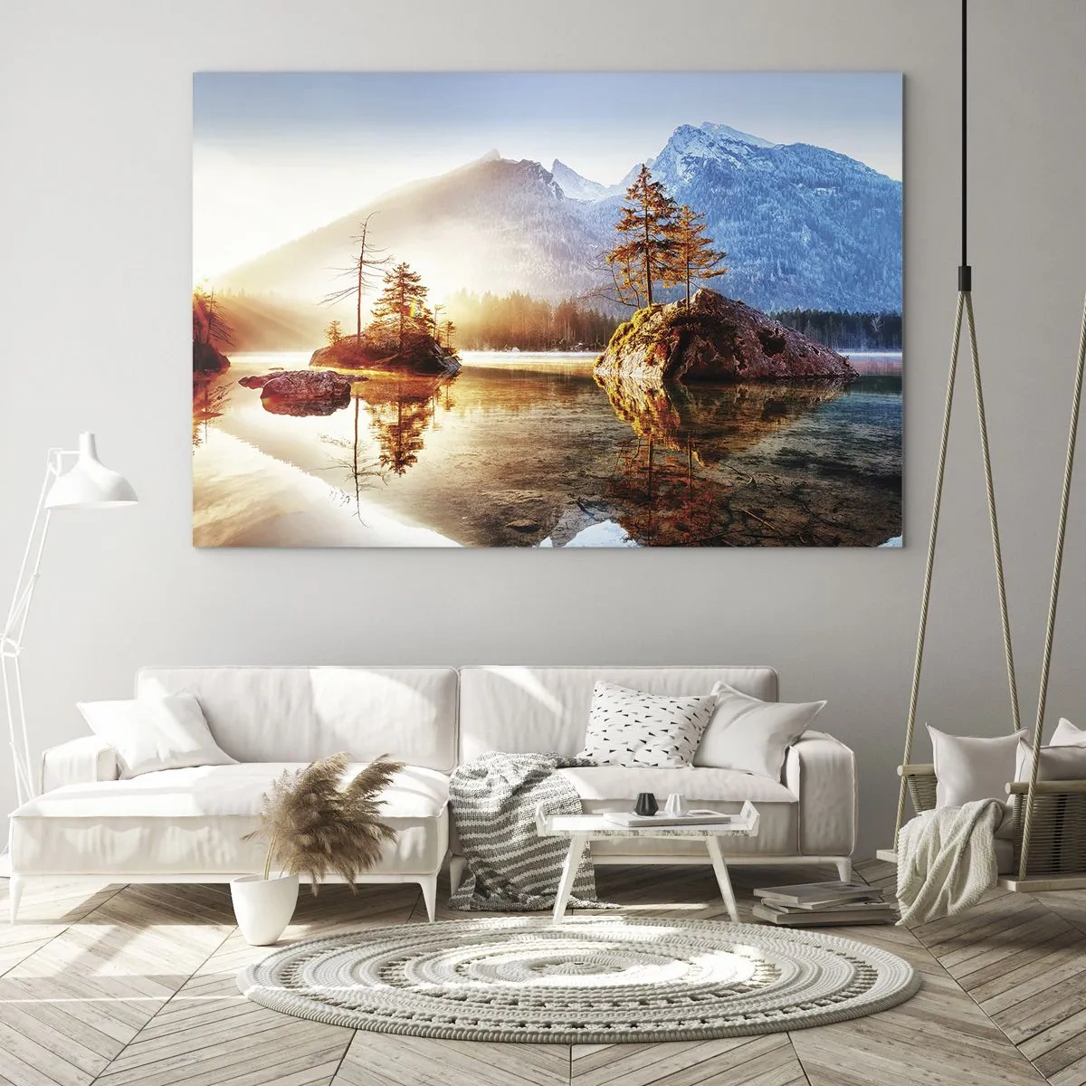 Quadro su vetro - Paesaggio montano al mattino con alberi e riflesso nel lago - 70x50cm - La natura in una nuova luce - Decorazione murale moderna per soggiorno e camera da letto ARTTOR