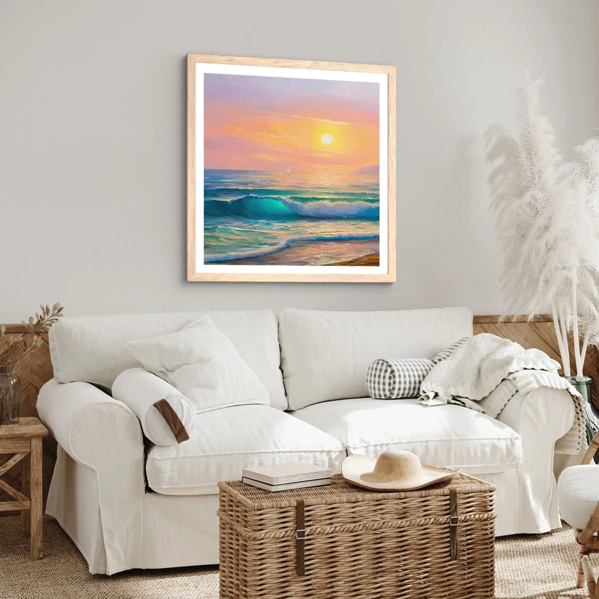 Poster in cornice rovere chiaro - Il canto turchese delle onde - 60x60 cm