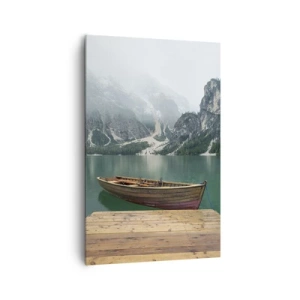 Quadro su tela - Stampe su Tela - Una barca di legno su un molo su un lago circondato da montagne - 80x120cm - E attorno le fiere rocce - Decorazione murale moderna per soggiorno e camera da letto ARTTOR