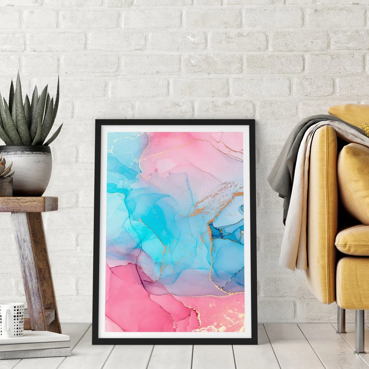 Poster in cornice nera - Macchie astratte nei toni del rosa, blu e oro - 50x70cm - Incontro e compenetrazione - Decorazione murale moderna per soggiorno e camera da letto ARTTOR