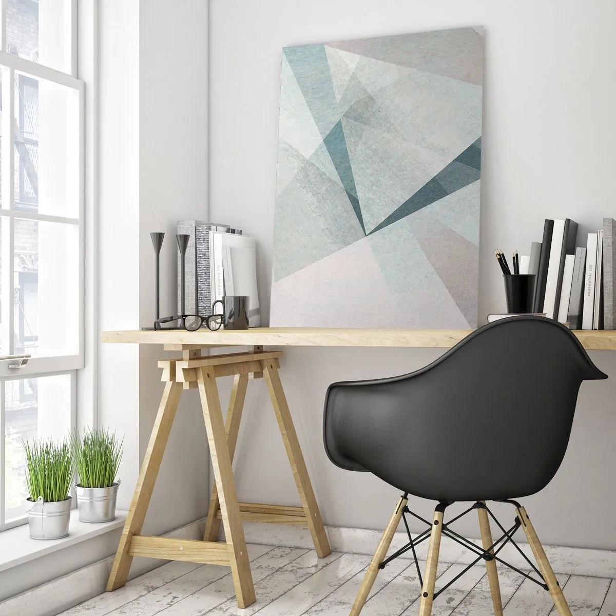 Quadro su vetro - Forme geometriche in tonalità pastello di blu e grigio - 80x120cm - Con calma ma dinamicamente - Decorazione murale moderna per soggiorno e camera da letto ARTTOR
