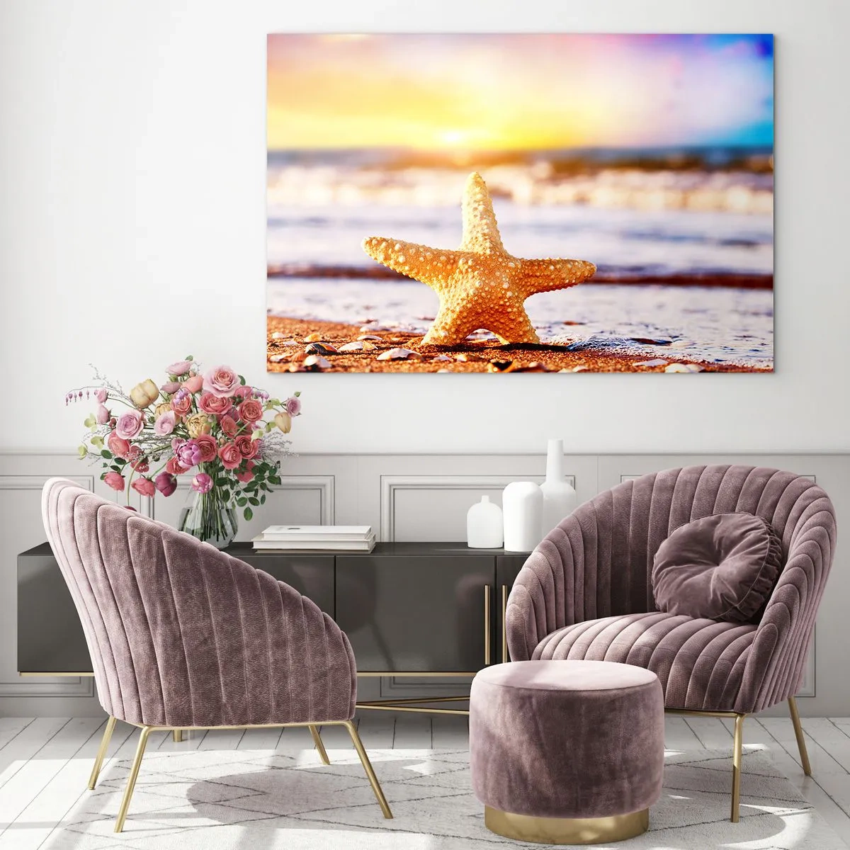 Quadro su vetro - Stelle marine sulla spiaggia alla luce del sole al tramonto - 70x50cm - Regalo del mare - Decorazione murale moderna per soggiorno e camera da letto ARTTOR