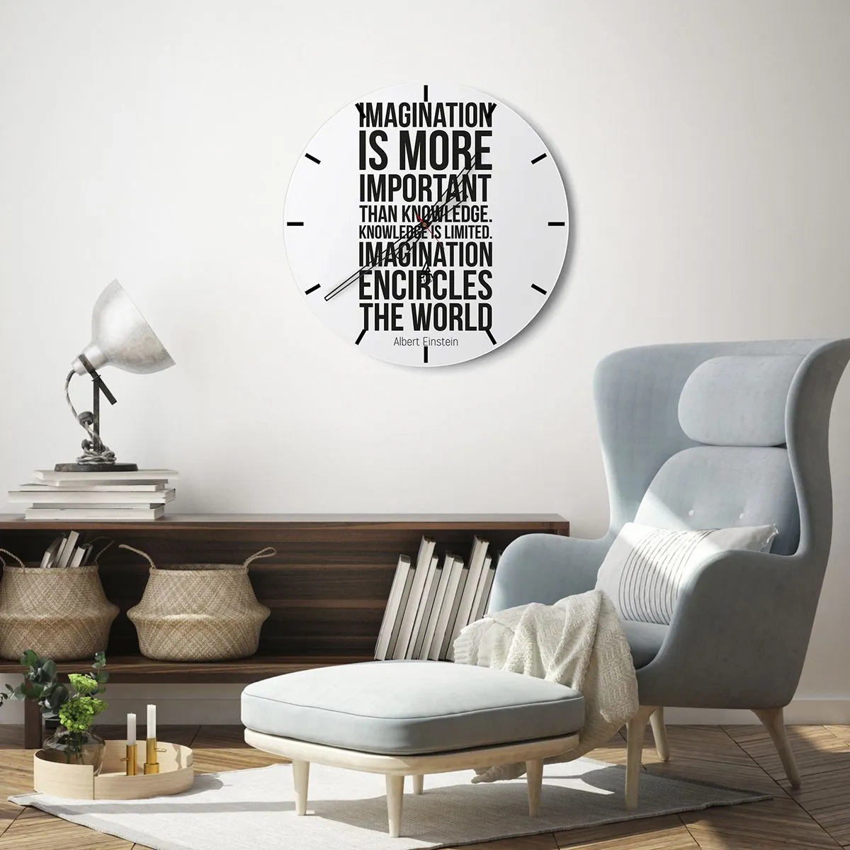 Orologio da parete - Orologio in Vetro - Citazione ispiratrice di Albert Einstein - 30x30cm - Einstein sul potere dell'immaginazione - Decorazione murale moderna per soggiorno, cucina e camera da letto ARTTOR