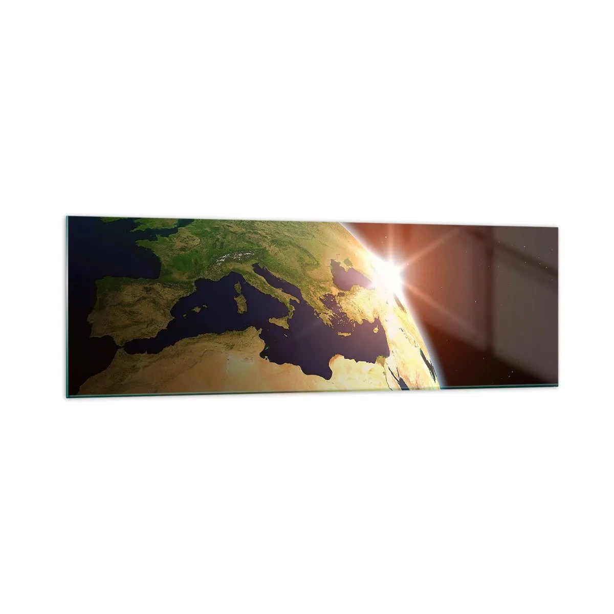 Quadro su vetro - Vista della Terra dallo spazio con i raggi del sole all'orizzonte - 160x50cm - Il sorgere del sole - Decorazione murale moderna per soggiorno e camera da letto ARTTOR