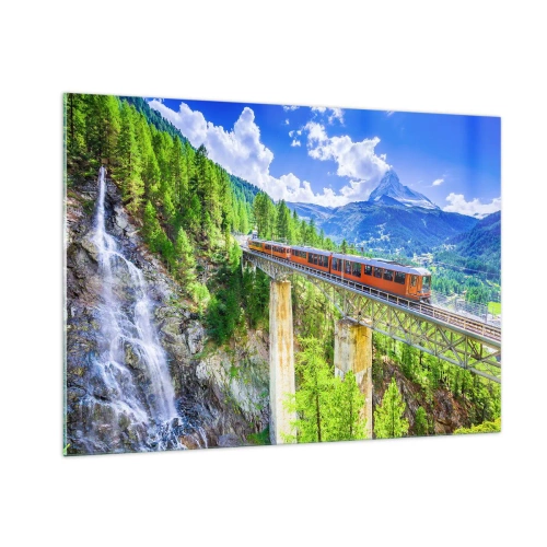 Quadro su vetro - Treno alpino su un ponte che domina una cascata - 100x70cm - Ferrovia alpina - Decorazione murale moderna per soggiorno e camera da letto ARTTOR