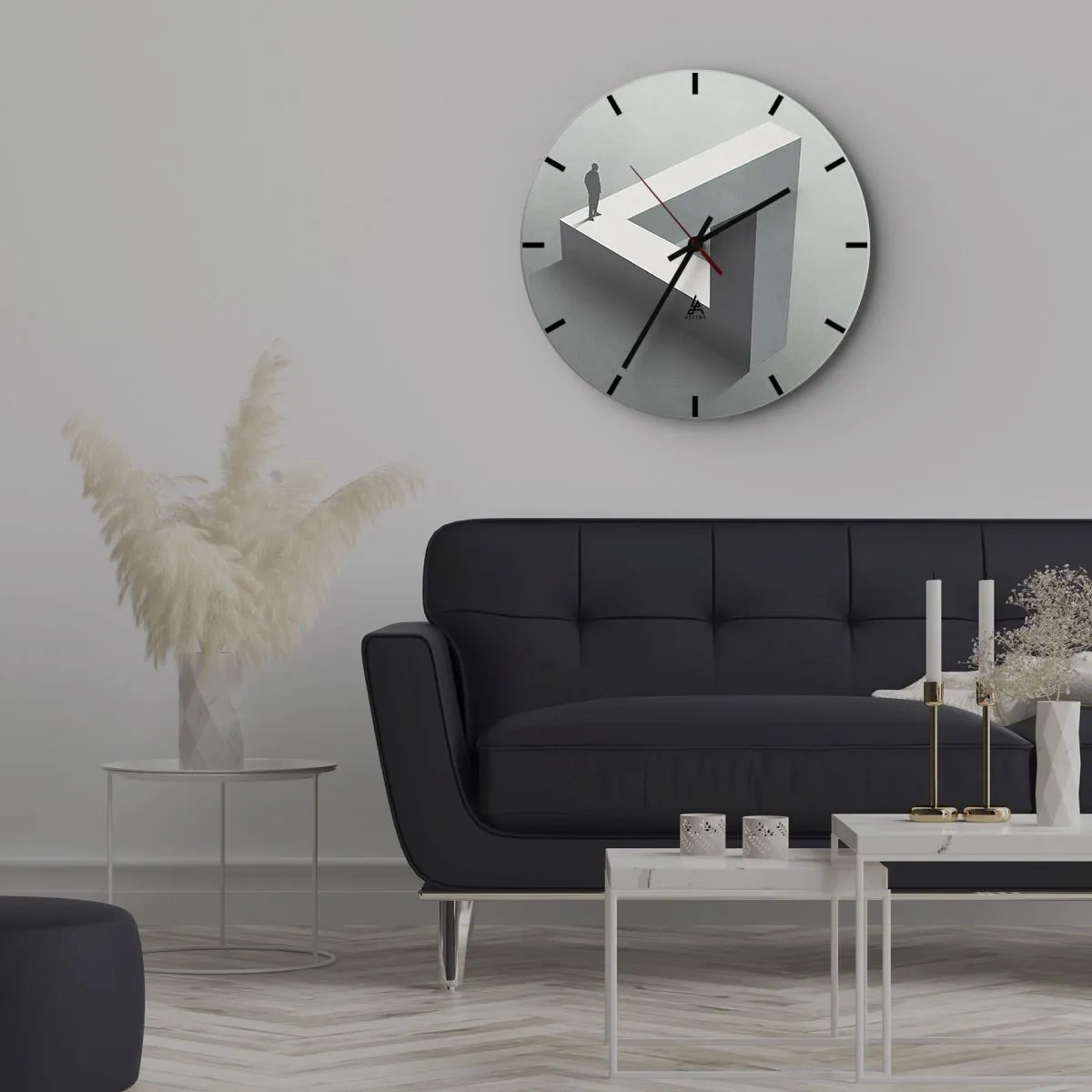 Orologio da parete - Orologio in Vetro - Un uomo in piedi sopra una figura geometrica impossibile. - 30x30cm - Eppure è possibile - Decorazione murale moderna per soggiorno, cucina e camera da letto ARTTOR