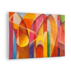 Quadro su vetro - Astrazione colorata con forme geometriche - 70x50cm - La cattedrale del sole - Decorazione murale moderna per soggiorno e camera da letto ARTTOR