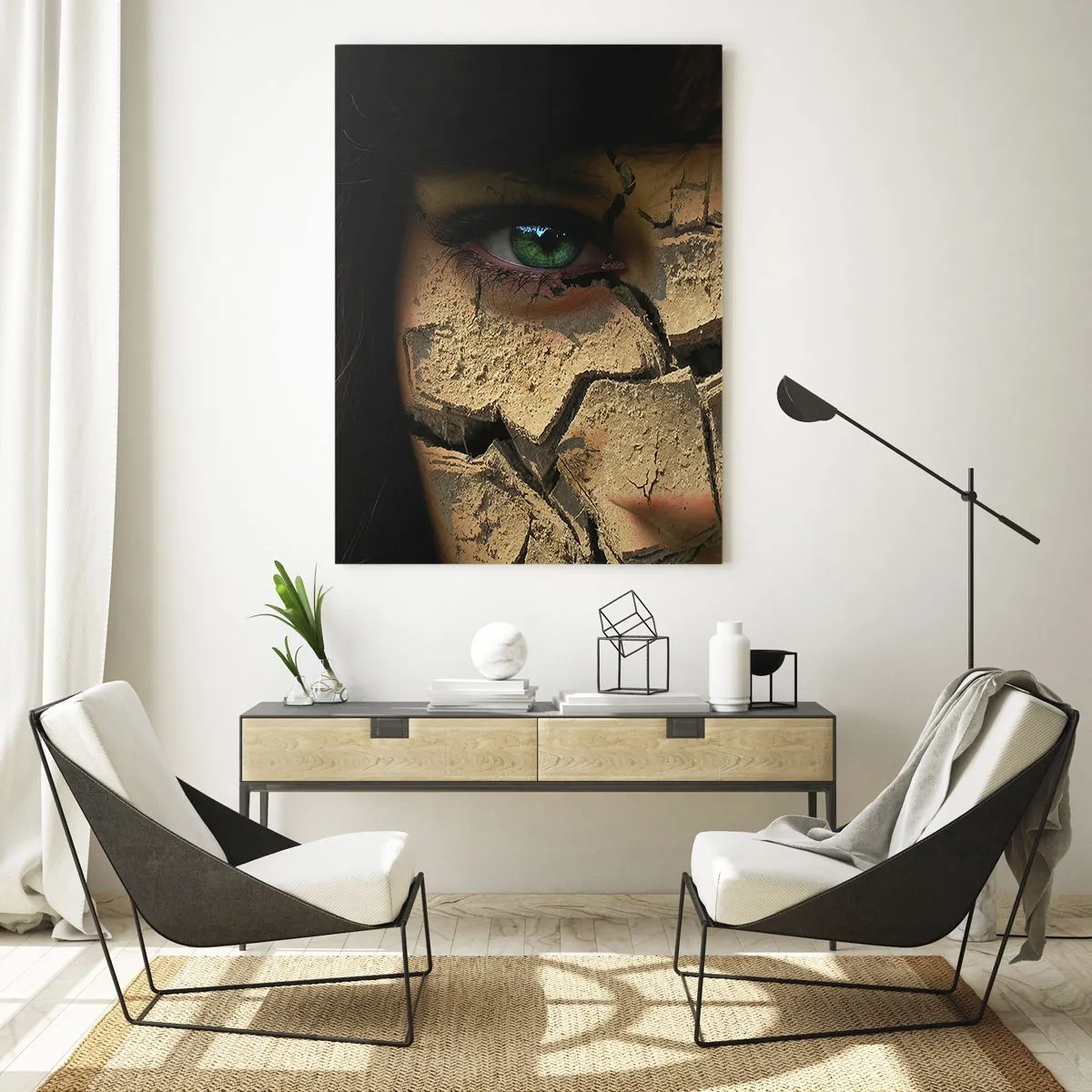Quadro su vetro - Il volto di una donna con gli occhi verdi coperto da una struttura di terra screpolata - 80x120cm - Meraviglia e minaccia insieme - Decorazione murale moderna per soggiorno e camera da letto ARTTOR