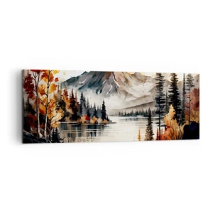 Quadro su tela - Stampe su Tela - Paesaggio montano autunnale con lago e alberi in acquerello - 140x50cm - L'autunno dorato sui monti - Decorazione murale moderna per soggiorno e camera da letto ARTTOR