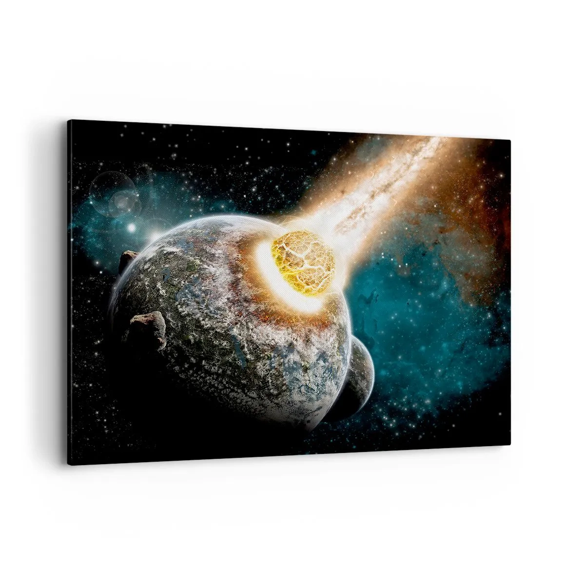 Quadro su tela - Stampe su Tela - Collisione cosmica di un pianeta con un asteroide nelle vicinanze della galassia. - 100x70cm - Estinzione o nascita? - Decorazione murale moderna per soggiorno e camera da letto ARTTOR