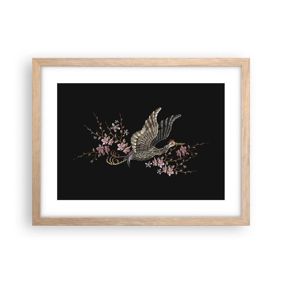 Poster in cornice rovere chiaro - Uccello esotico ricamato - 40x30 cm