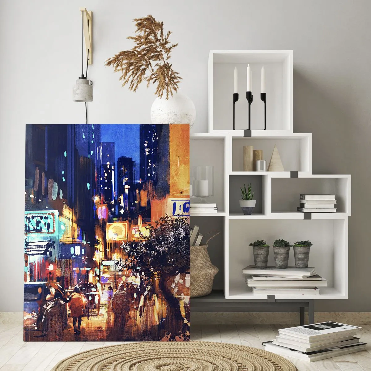 Quadro su vetro - Paesaggio urbano serale in stile impressionista - 80x120cm - Ma la città non dorme - Decorazione murale moderna per soggiorno e camera da letto ARTTOR