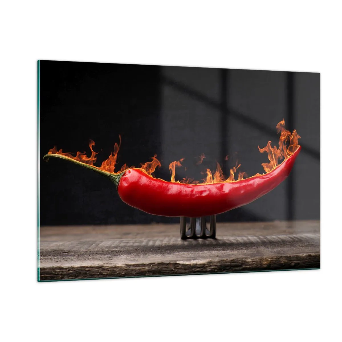 Quadro su vetro - Peperoncino rosso bruciante su sfondo nero - 120x80cm - Stuzzichino infuocato - Decorazione murale moderna per soggiorno e camera da letto ARTTOR