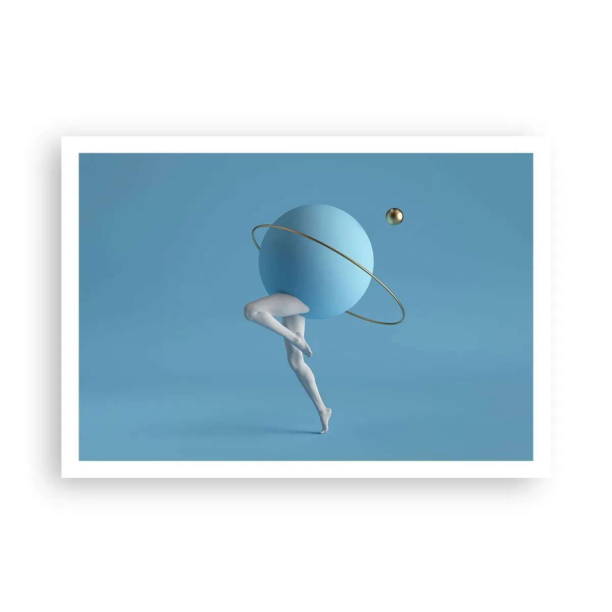 Poster - Una sfera blu con un'orbita e gambe umane contro il cielo - 100x70cm - E i pianeti folleggiano - Decorazione murale moderna per soggiorno e camera da letto ARTTOR