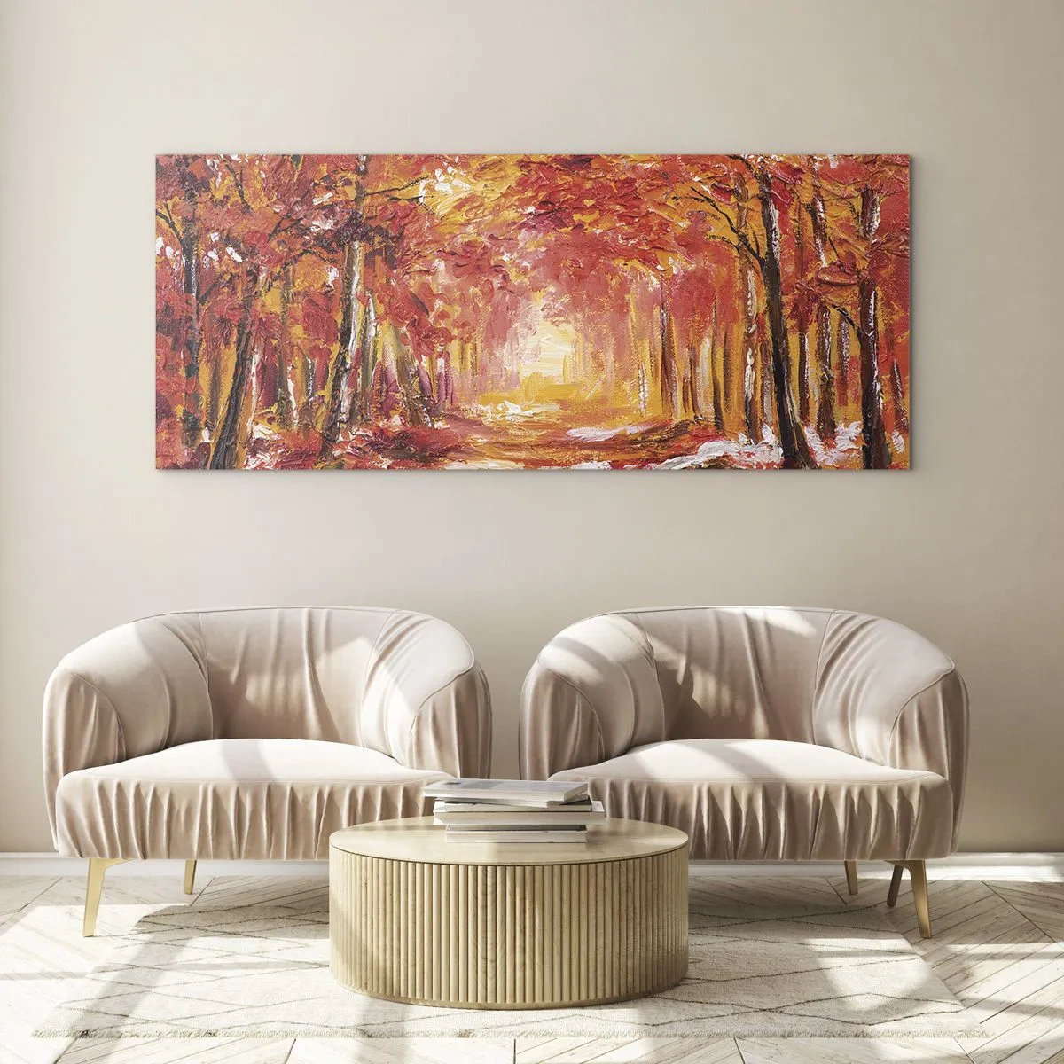 Quadro su vetro - Foresta autunnale nei toni del rame e dell'oro - 120x50cm - Foresta di rame - Decorazione murale moderna per soggiorno e camera da letto ARTTOR