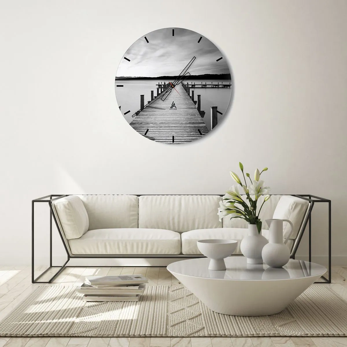 Orologio da parete - Orologio in Vetro - Un molo di legno che conduce nelle profondità di un lago tranquillo - 30x30cm - Pace sull'acqua - Decorazione murale moderna per soggiorno, cucina e camera da letto ARTTOR