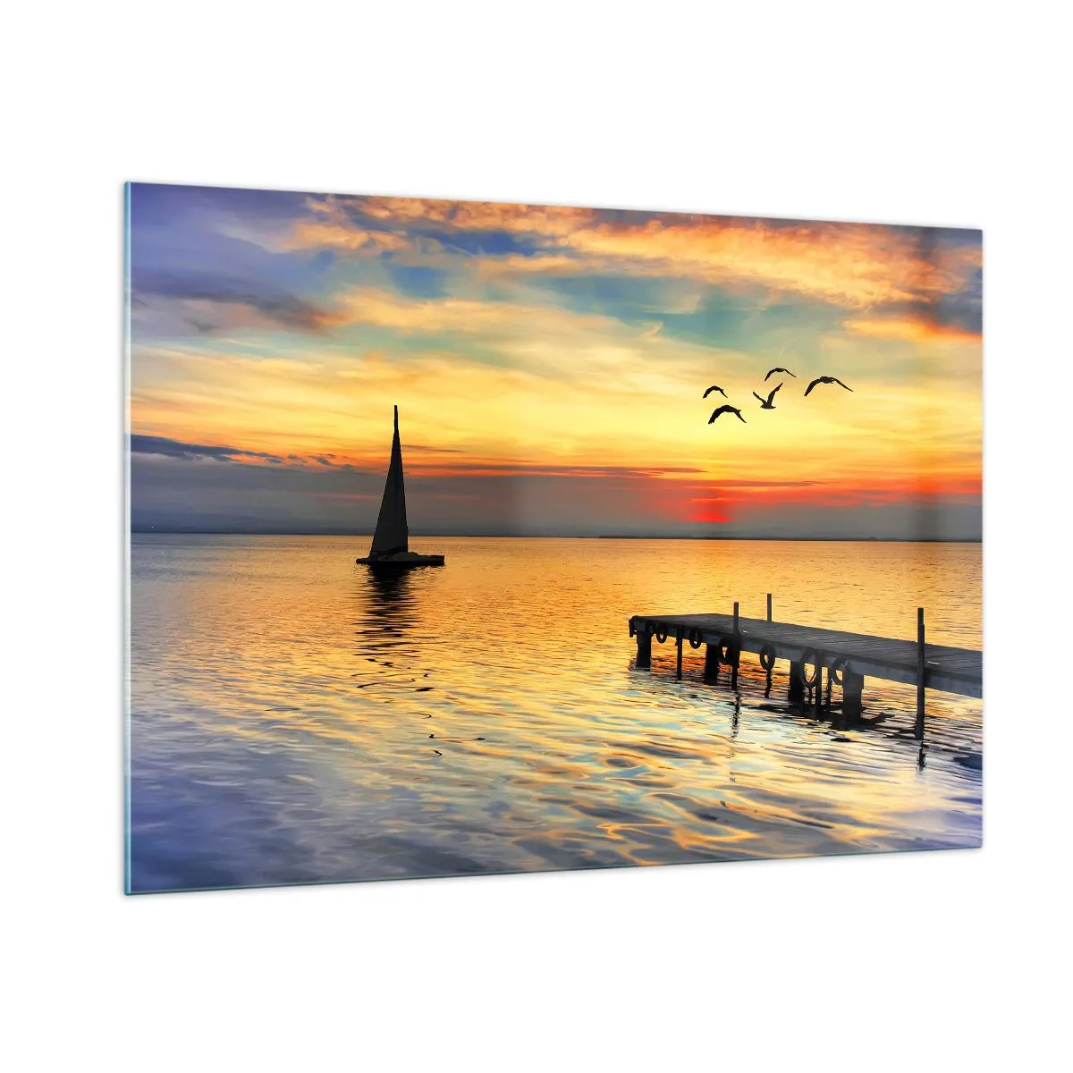 Quadro su vetro - Barca a vela e molo al tramonto su un lago calmo - 100x70cm - Il ritorno alla sera - Decorazione murale moderna per soggiorno e camera da letto ARTTOR