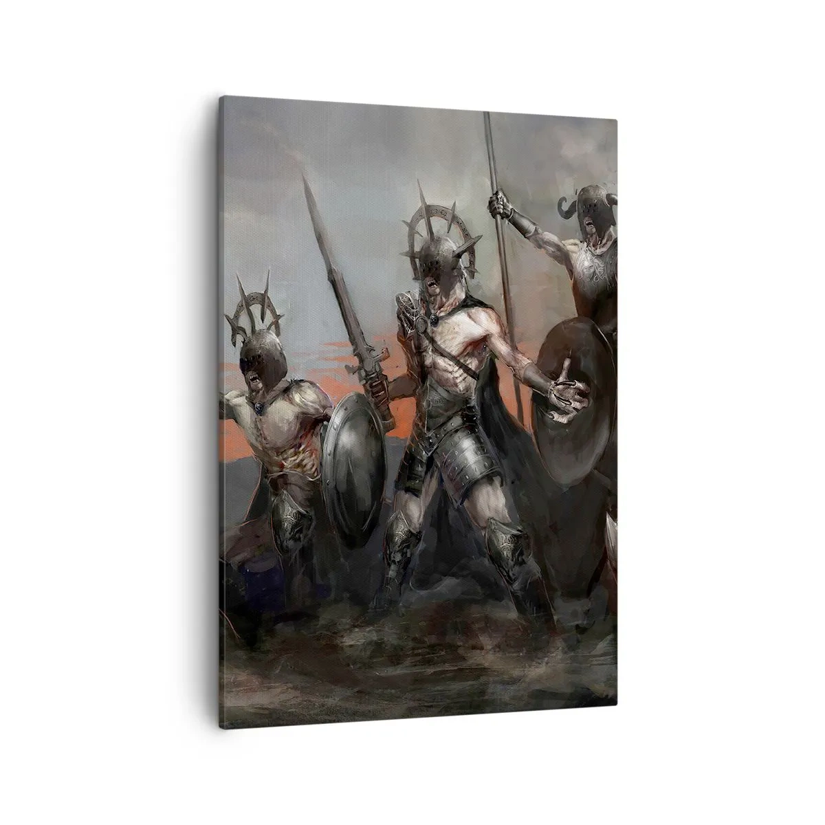 Quadro su tela - Stampe su Tela - Un gruppo di guerrieri in armatura con lance sullo sfondo del tramonto - 50x70cm - Con lo scudo o sullo scudo - Decorazione murale moderna per soggiorno e camera da letto ARTTOR