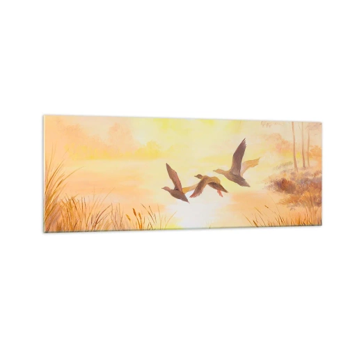 Quadro su vetro - Anatre che volano all'alba sul lago - 140x50cm - L'inizio di un lungo viaggio - Decorazione murale moderna per soggiorno e camera da letto ARTTOR