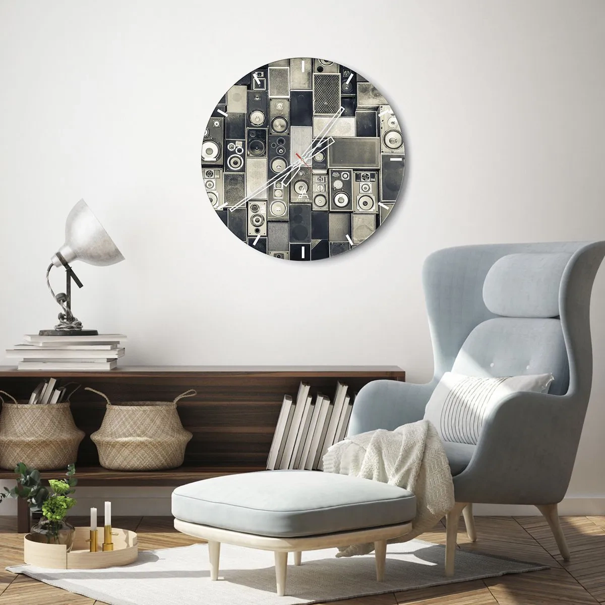 Orologio da parete - Orologio in Vetro - Set di altoparlanti in stile retrò - 30x30cm - Armonia di suoni - Decorazione murale moderna per soggiorno, cucina e camera da letto ARTTOR