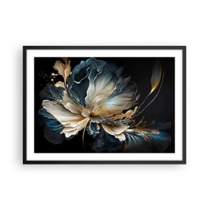 Poster in cornice nera - Un fiore nei toni dell'oro e del blu navy su uno sfondo nero - 70x50cm - Fantastico fiore di felce - Decorazione murale moderna per soggiorno e camera da letto ARTTOR