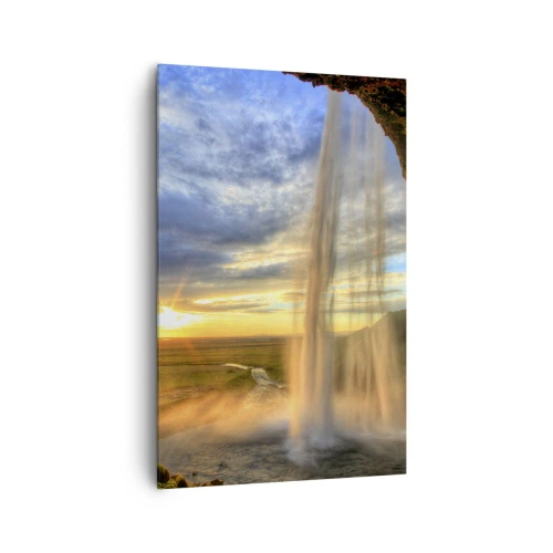 Quadro su tela - Stampe su Tela - Una cascata illuminata dalla luce del sole sullo sfondo di un paesaggio - 80x120cm - Il mondo dietro una tenda di gocce - Decorazione murale moderna per soggiorno e camera da letto ARTTOR