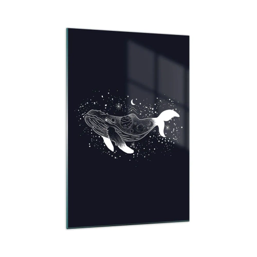 Quadro su vetro - Illustrazione grafica di una balena in stile spaziale. - 70x100cm - Nell'oceano dell'universo - Decorazione murale moderna per soggiorno e camera da letto ARTTOR