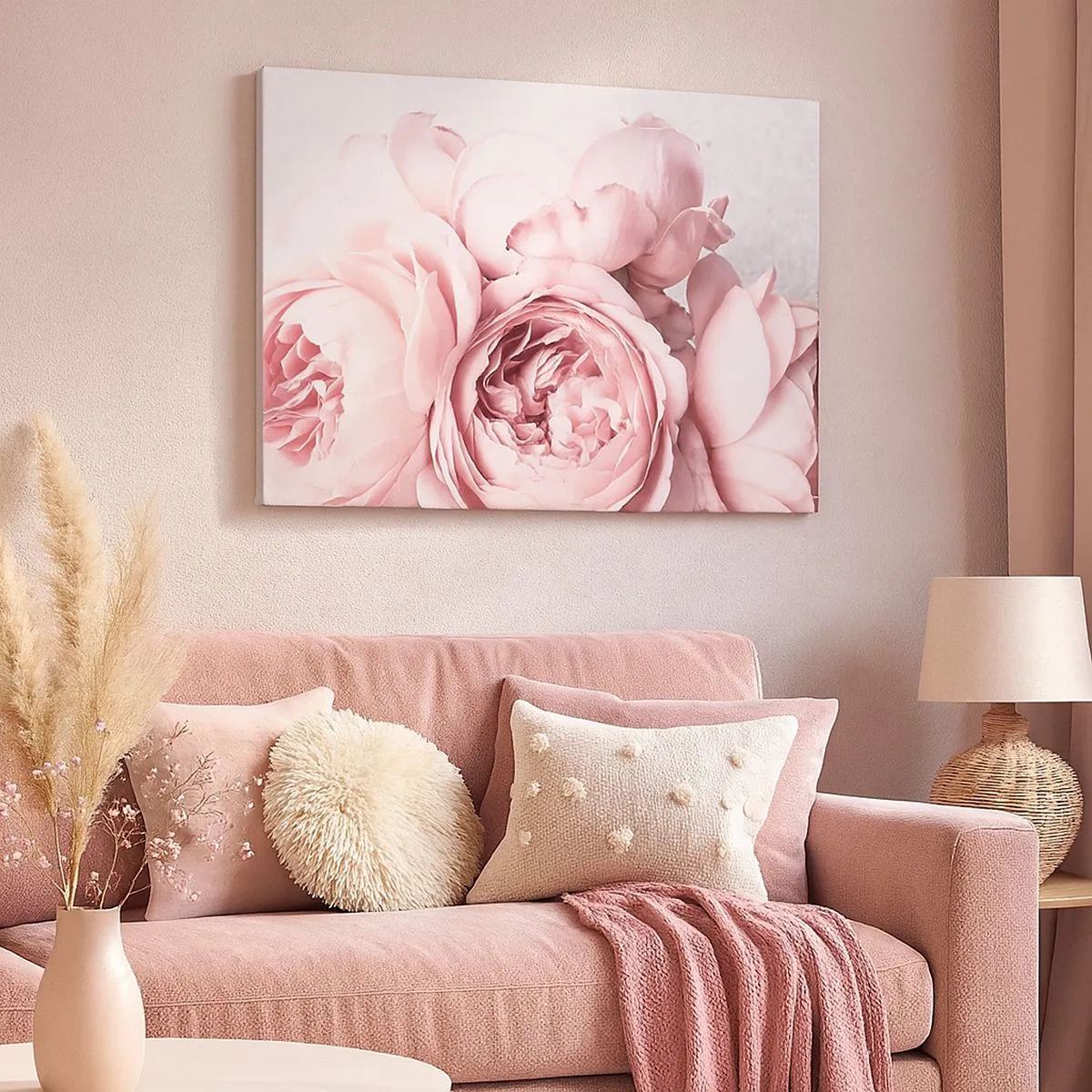Quadro su tela - Stampe su Tela - Peonie rosa in luce soffusa su uno sfondo chiaro - 70x50cm - Per i romantici - Decorazione murale moderna per soggiorno e camera da letto ARTTOR