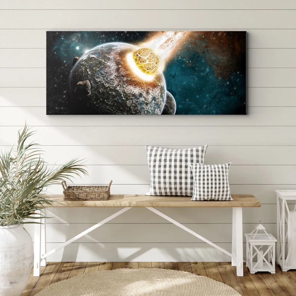 Quadro su tela - Stampe su Tela - Collisione cosmica di un pianeta con un asteroide nelle vicinanze della galassia. - 140x50cm - Estinzione o nascita? - Decorazione murale moderna per soggiorno e camera da letto ARTTOR