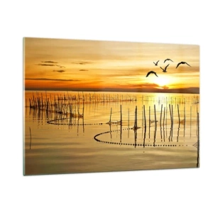 Quadro su vetro - Tramonto su un lago con uccelli e reti da pesca - 120x80cm - Alla pesca - Decorazione murale moderna per soggiorno e camera da letto ARTTOR