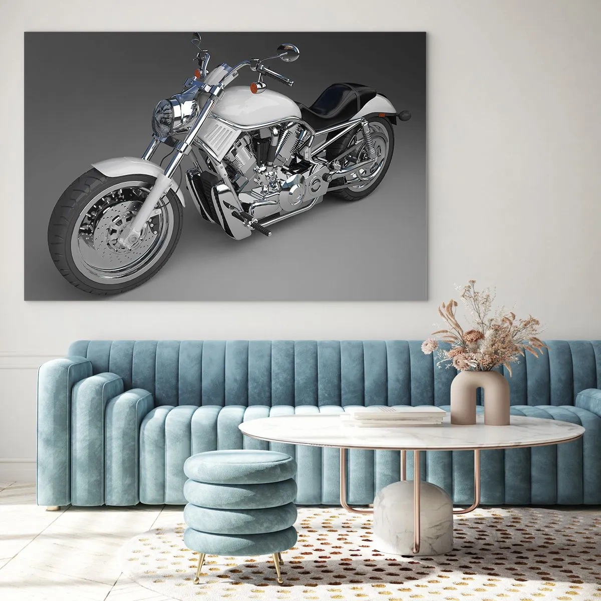 Quadro su vetro - Una motocicletta elegante su sfondo grigio con un tocco moderno - 120x80cm - Viene voglia di inginocchiarsi - Decorazione murale moderna per soggiorno e camera da letto ARTTOR