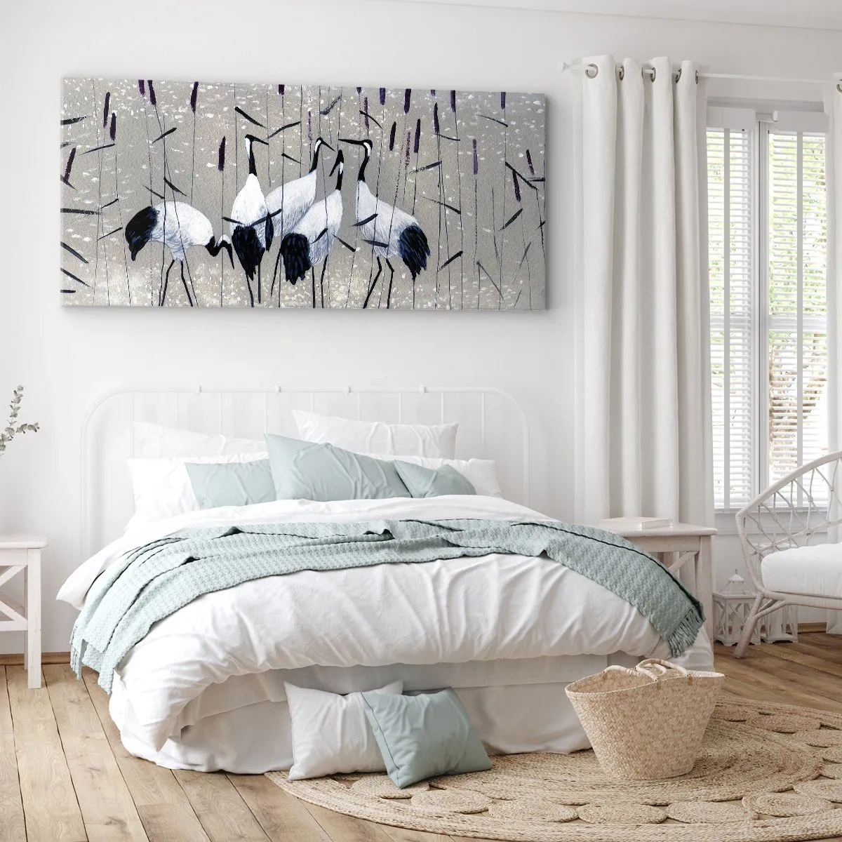 Quadro su tela - Stampe su Tela - Aironi nell'erba su uno sfondo tranquillo - 120x50cm - Tra i suoi - Decorazione murale moderna per soggiorno e camera da letto ARTTOR