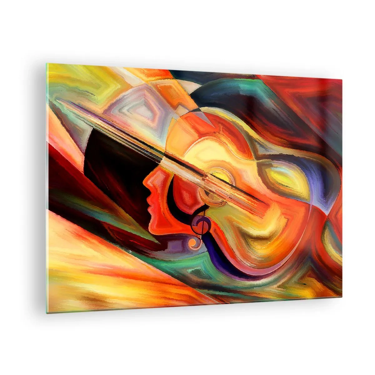 Quadro su vetro - Ritratto astratto con una chitarra e note musicali sullo sfondo - 70x50cm - L'armonia dei suoni - Decorazione murale moderna per soggiorno e camera da letto ARTTOR