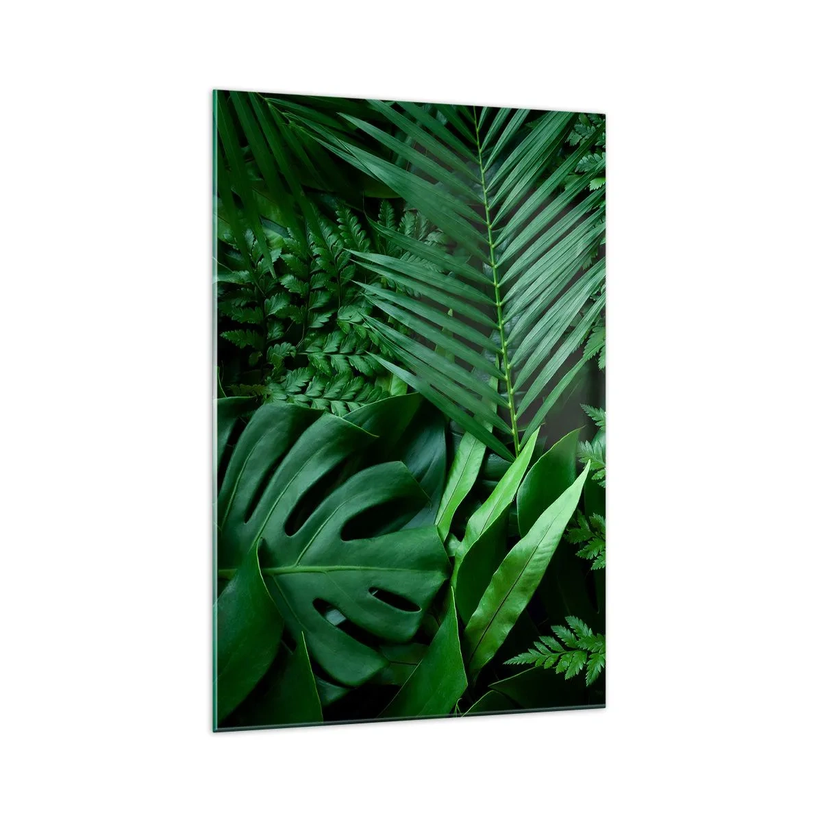 Quadro su vetro - Foglie tropicali verdi in una composizione densa e naturale - 70x100cm - Avvolti nel verde - Decorazione murale moderna per soggiorno e camera da letto ARTTOR