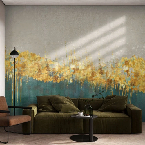 Fotomurali Premium Sand - Accenti dorati su uno sfondo beige e verde in una forma astratta - 100x70cm - Confine dorato - Decorazione murale moderna per soggiorno e camera da letto ARTTOR