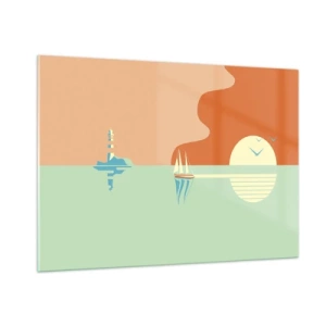 Quadro su vetro - Un tramonto minimalista con una barca a vela e un faro - 100x70cm - Ideale paesaggio marittimo - Decorazione murale moderna per soggiorno e camera da letto ARTTOR