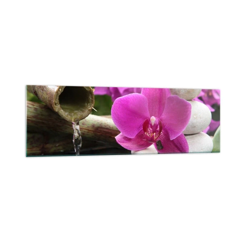 Quadro su vetro - Orchidea viola, pietre e bambù con acqua in un ambiente rilassante - 160x50cm - E già ti riposi - Decorazione murale moderna per soggiorno e camera da letto ARTTOR