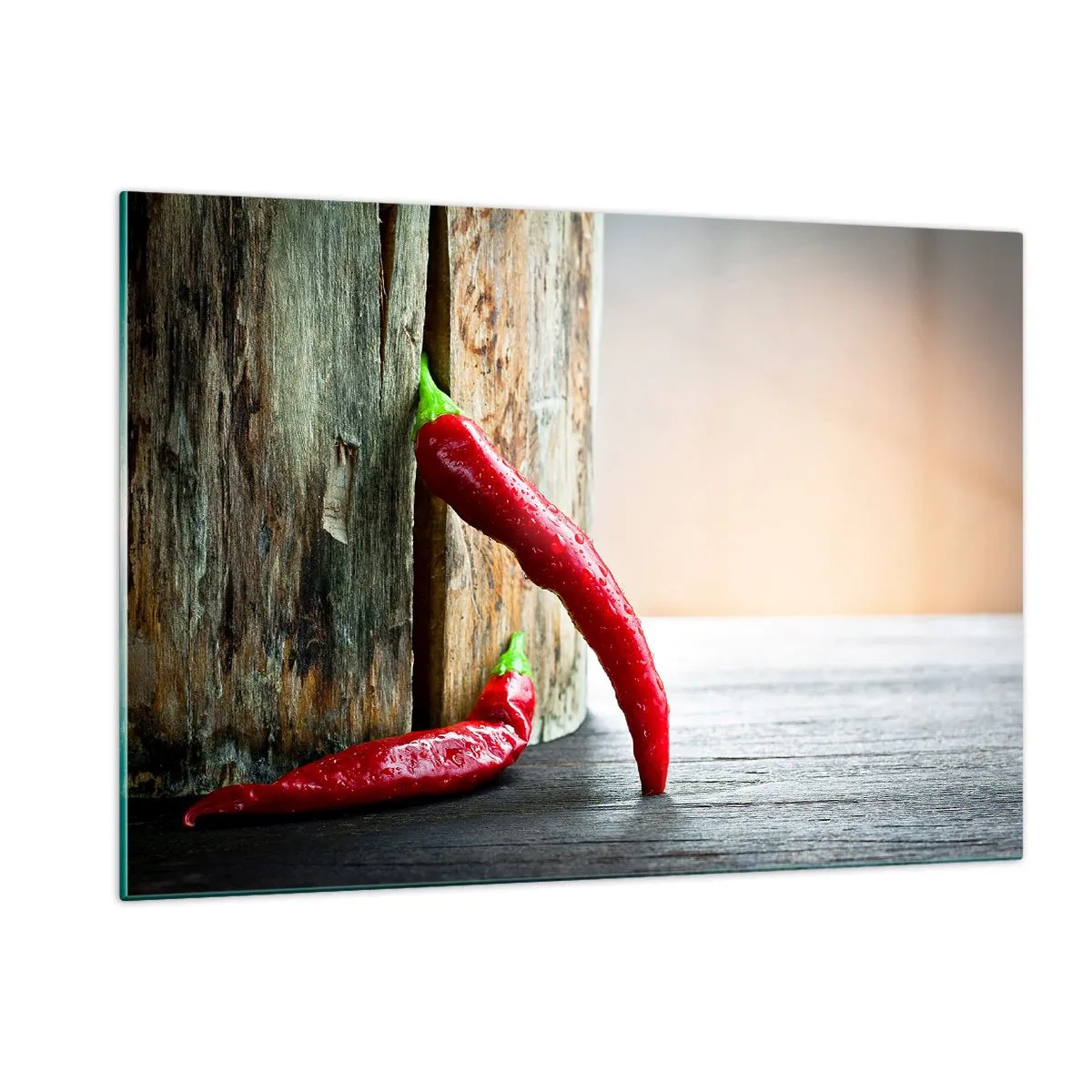 Quadro su vetro - Peperoncini rossi su uno sfondo di legno - 120x80cm - Red hot chili peppers - Decorazione murale moderna per soggiorno e camera da letto ARTTOR