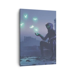 Quadro su tela - Stampe su Tela - Una figura incappucciata con uccelli magici sullo sfondo di una città - 50x70cm - La vita ritorna - Decorazione murale moderna per soggiorno e camera da letto ARTTOR