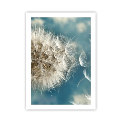 Poster - Delicati semi di tarassaco su sfondo blu - 50x70cm - Il respiro dell'angelo - Decorazione murale moderna per soggiorno e camera da letto ARTTOR