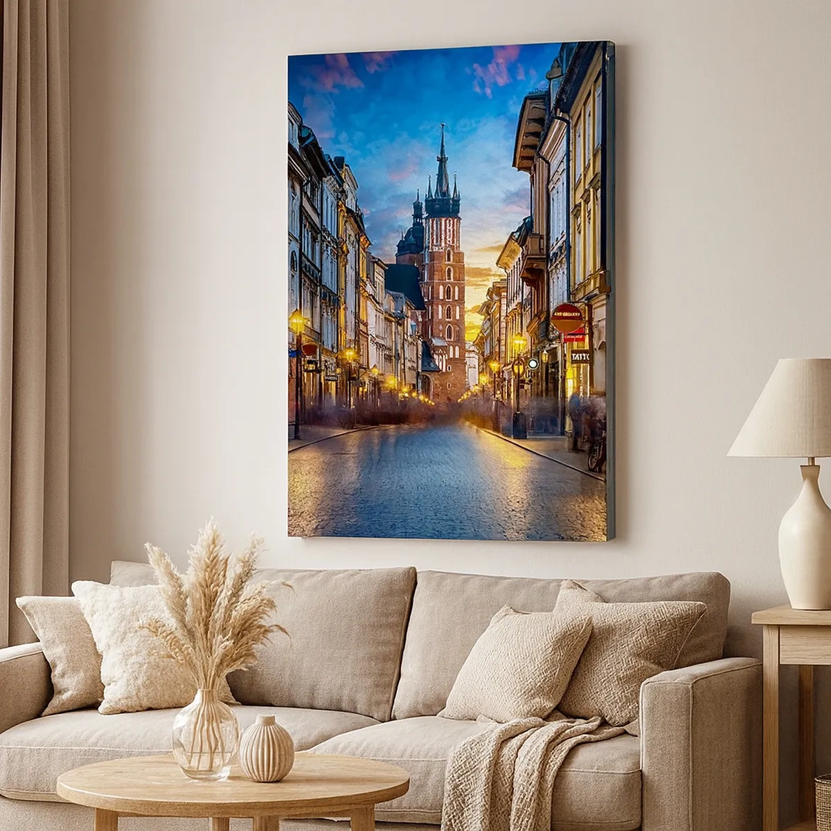 Quadro su tela - Stampe su Tela - Strada serale con vista sulla Cattedrale di Cracovia - 50x70cm - La magia di Cracovia - Decorazione murale moderna per soggiorno e camera da letto ARTTOR