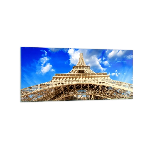 Quadro su vetro - La Torre Eiffel dal basso contro un cielo blu - 120x50cm - Toccare il cielo e le nuvole - Decorazione murale moderna per soggiorno e camera da letto ARTTOR