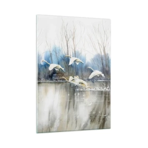 Quadro su vetro - Cigni selvatici che volano sopra un tranquillo lago nella foresta - 50x70cm - Come la favola dei cigni selvatici - Decorazione murale moderna per soggiorno e camera da letto ARTTOR