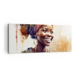 Quadro su tela - Stampe su Tela - Ritratto di una donna sorridente con una sciarpa colorata in acquerello - 120x50cm - Regina africana - Decorazione murale moderna per soggiorno e camera da letto ARTTOR