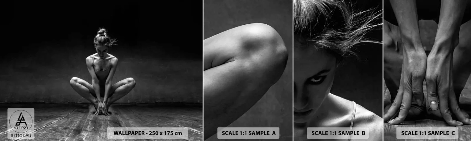 Campione Di Fotomurale Standard Eco - La concentrazione dell'energia della danza - Ballerino, Donna, Bianco e nero - 100x30 cm