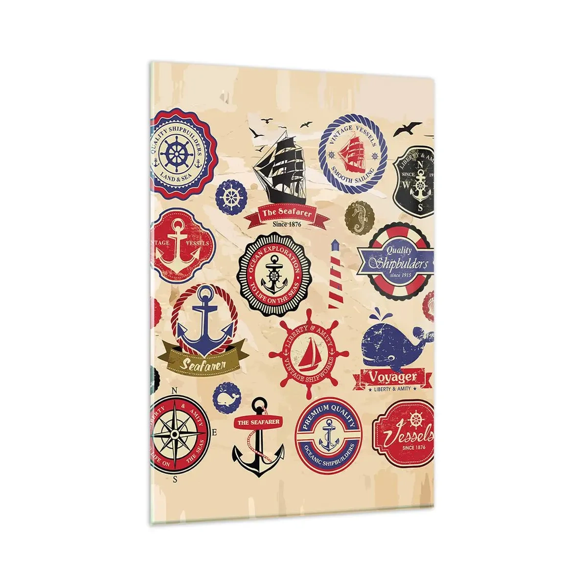 Quadro su vetro - Una raccolta di grafici e simboli nautici su uno sfondo chiaro - 80x120cm - Fratellanza di vela - Decorazione murale moderna per soggiorno e camera da letto ARTTOR